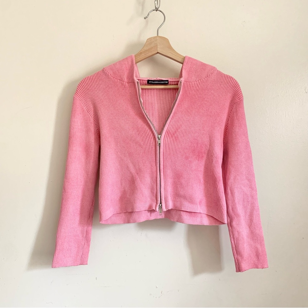 ❤️ 3/15 Brandy Melville Pink Dyed Ribbed Hooded Long Sleeves Zip up Jacket